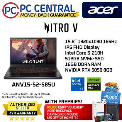 Acer Nitro V 15 ANV15-52-585U 15.6in FHD IPS 165Hz | Intel Core 5 210H | 16GB DDR4 | 512GB SSD | GeForce RTX 5050 8GB | Win11 Home | PC CENTRAL
