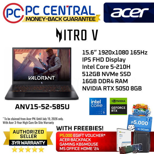 Acer Nitro V 15 ANV15-52-585U 15.6in FHD IPS 165Hz | Intel Core 5 210H | 16GB DDR4 | 512GB SSD | GeForce RTX 5050 8GB | Win11 Home | PC CENTRAL