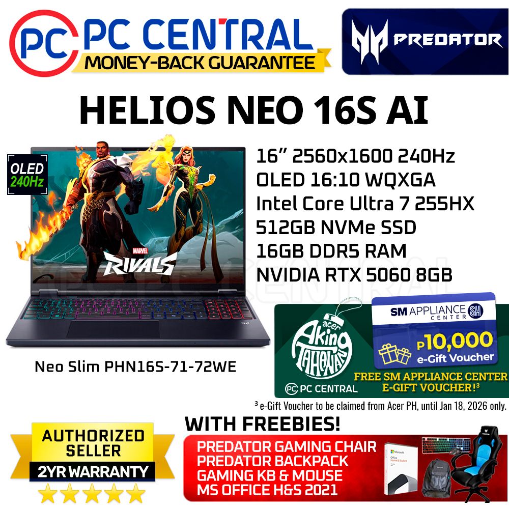 ACER HELIOS NEO SLIM 16S AI PHN16S-71-72WE | 16" 240HZ | Ultra 7 255HX | 512GB SSD /16GB RAM /RTX 5060 8GB | WINDOWSS 11 HOME | PC CENTRAL