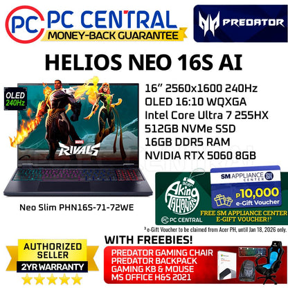 ACER HELIOS NEO SLIM 16S AI PHN16S-71-72WE | 16" 240HZ | Ultra 7 255HX | 512GB SSD /16GB RAM /RTX 5060 8GB | WINDOWSS 11 HOME | PC CENTRAL