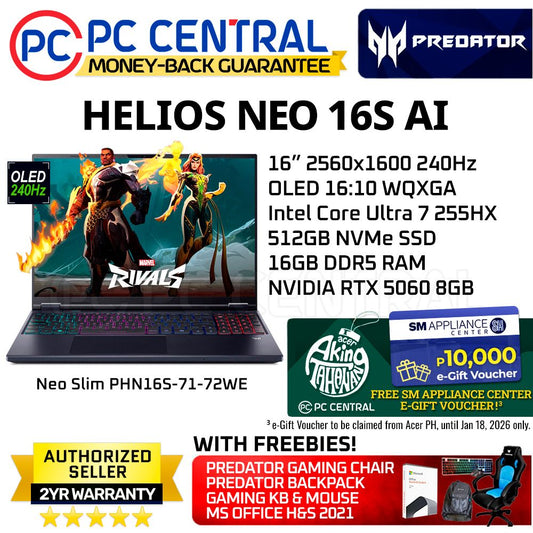 ACER HELIOS NEO SLIM 16S AI PHN16S-71-72WE | 16" 240HZ | Ultra 7 255HX | 512GB SSD /16GB RAM /RTX 5060 8GB | WINDOWSS 11 HOME | PC CENTRAL