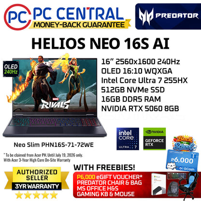ACER HELIOS NEO SLIM 16S AI PHN16S-71-72WE | 16" 240HZ | Ultra 7 255HX | 512GB SSD /16GB RAM /RTX 5060 8GB | WINDOWSS 11 HOME | PC CENTRAL