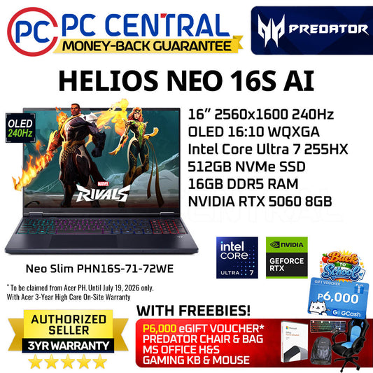 ACER HELIOS NEO SLIM 16S AI PHN16S-71-72WE | 16" 240HZ | Ultra 7 255HX | 512GB SSD /16GB RAM /RTX 5060 8GB | WINDOWSS 11 HOME | PC CENTRAL