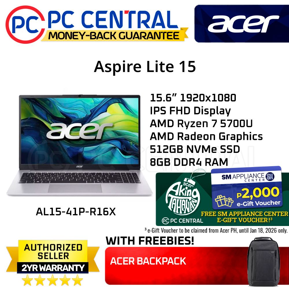 Acer Aspire Lite AL15-41P-R16X (Silver) 15.6inch FHD | AMD Ryzen 7 5700U | 8GB RAM | 512GB SSD | AMD Radeon Graphics | Windows 11 Home | PC Central