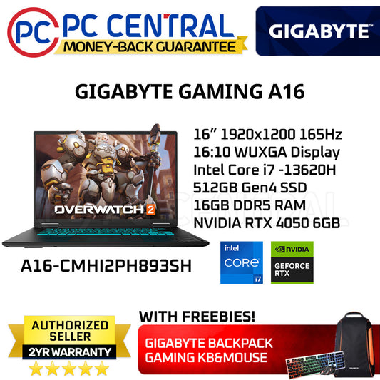 GIGABYTE GAMING A16-CMHI2PH893SH | 16″ 1920×1200 165Hz | i7-13620H | 16GB DDR5 RAM | 512GB SSD | RTX 4050 6GB | WINDOWS 11 HOME | PC CENTRAL