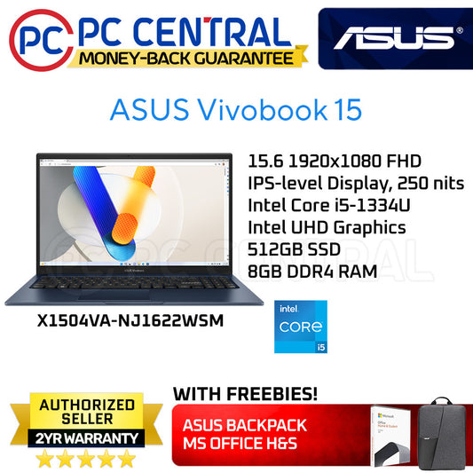 Asus VivoBook 15 X1504VA-NJ1622WSM | 15.6inch FHD LED | Intel Core i5-1334U | 8GB RAM 512GB SSD | Intel UHD | WIN11 HOME | PC CENTRAL