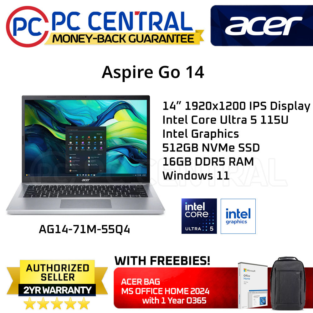 Acer Aspire Go 14 AI AG14-71M-55Q4 - 14in WUXGA IPS | Intel Core Ultra 5 115U | 16GB RAM | 512GB SSD | Intel Graphics | WIN 11 Home | PC Central