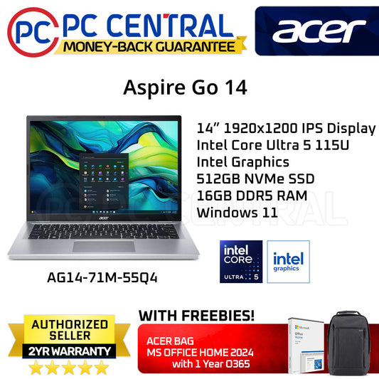 Acer Aspire Go 14 AI AG14-71M-55Q4 - 14in WUXGA IPS | Intel Core Ultra 5 115U | 16GB RAM | 512GB SSD | Intel Graphics | WIN 11 Home | PC Central