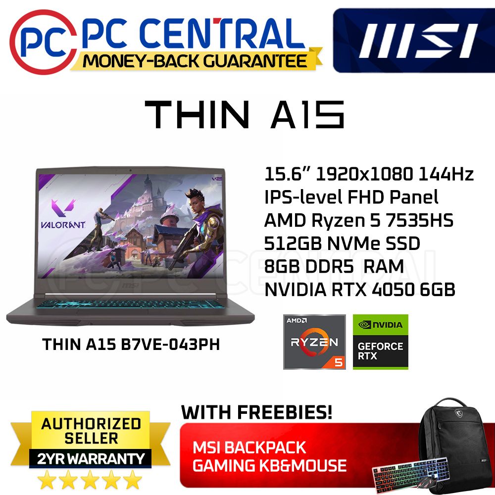 MSI Thin A15 B7VE-043PH Gaming Laptop (Cosmos Grey) | 15.6" FHD (1920x1080) 144Hz IPS | Ryzen 5 7535HS | 8GB RAM | 512GB SSD | RTX 4050 | Windows 11 HOME | PC CENTRAL