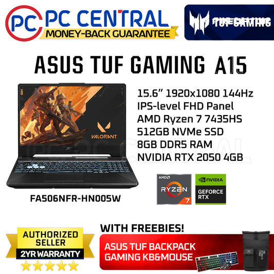 Asus TUF Gaming A15 FA506NFR-HN005W | 15.6inch FHD IPS 144Hz | Ryzen 7 7435HS | 8GB RAM | 512GB SSD | RTX 2050 4GB | WIN11 Home | PC CENTRAL