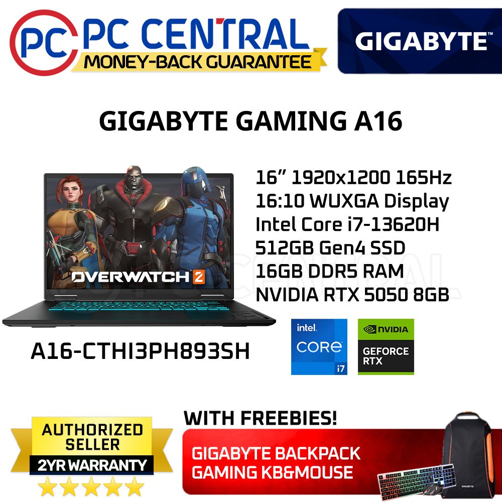 Gigabyte GAMING A16 CTHI3PH893SH |16" WUXGA 165Hz | Intel Core i7-13620H | 16GB DDR5 | 512GB SSD | RTX5050 8GB | Win11 Home | PC Centrall