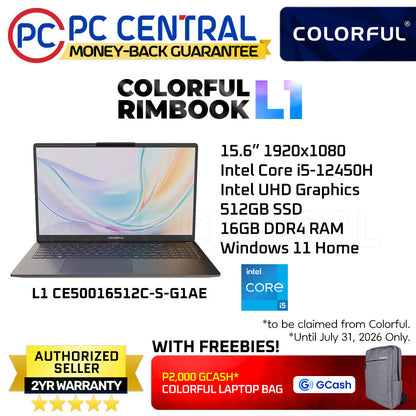 COLORFUL Rimbook L1 | 15.6" | Core i5-12450H | 16GB RAM | 512GB SSD | Intel UHD | WIN 11 Home | PC CENTRAL